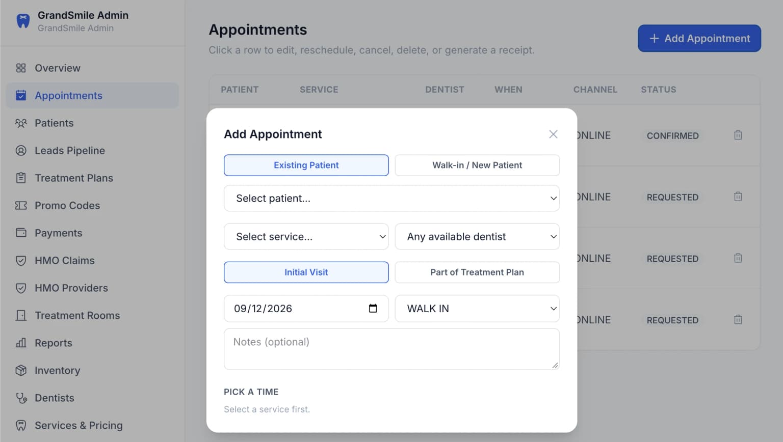Skaly booking dashboard: adding a new appointment in seconds